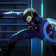Captain Peggy Carter falling into a classic hero landing with her bloodied sword and UK flag shield.